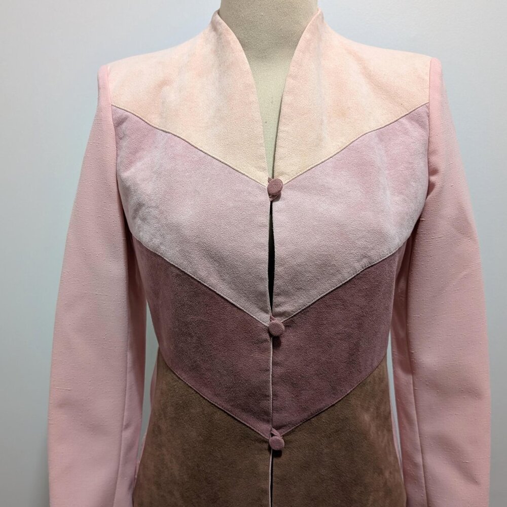 70-80s Pink Ultrasuede Color Block Skirt Suit by Adolph Schuman for Lilli Ann